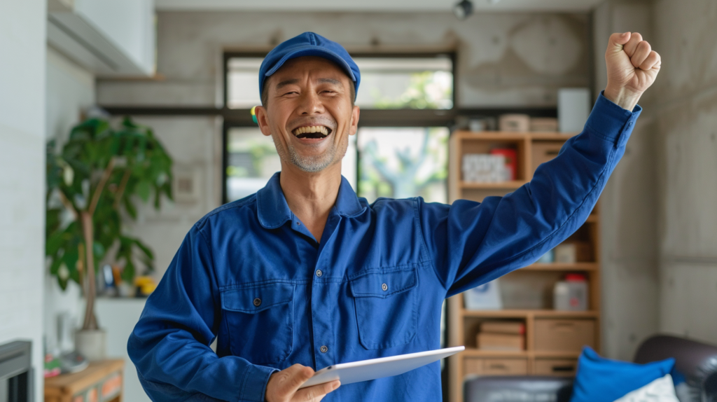 青い服を着て笑顔で左腕を上げている男性