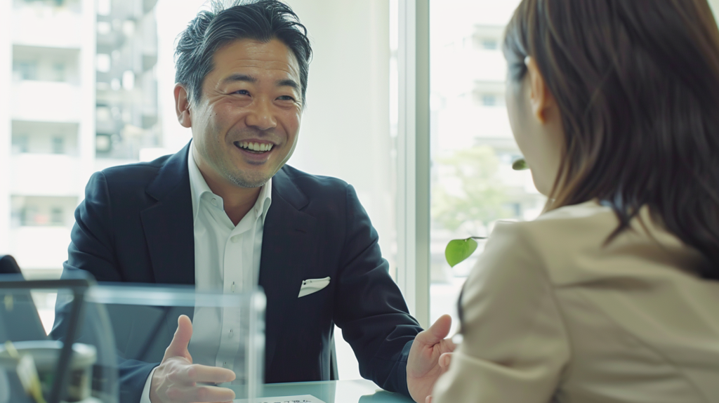 左斜め前の女性と打ち合わせしている男性