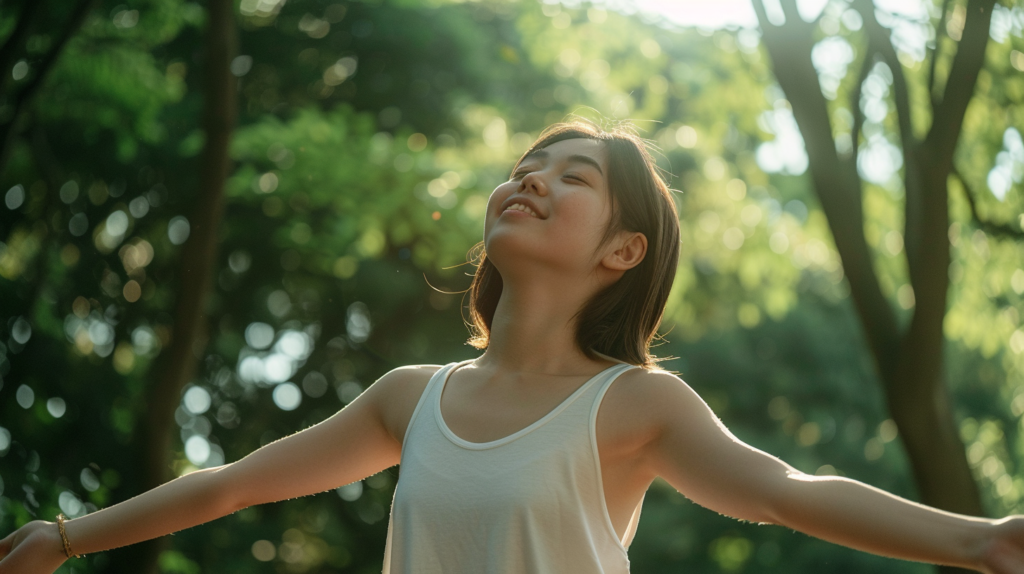 森の中でアルファ波を感じている女性