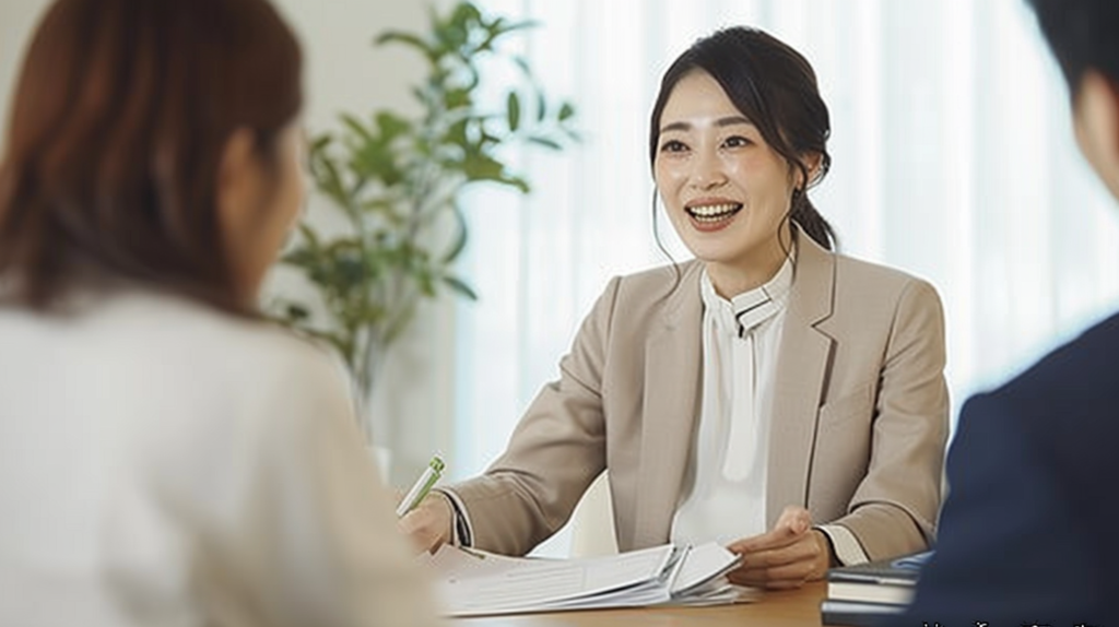 役員と打ち合わせする女性