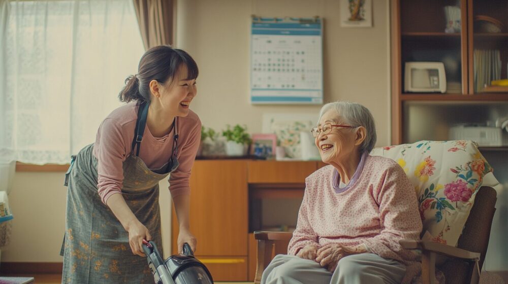 家の中を掃除する介護士