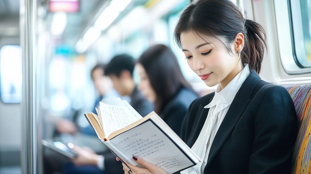 電車内で勉強する女性